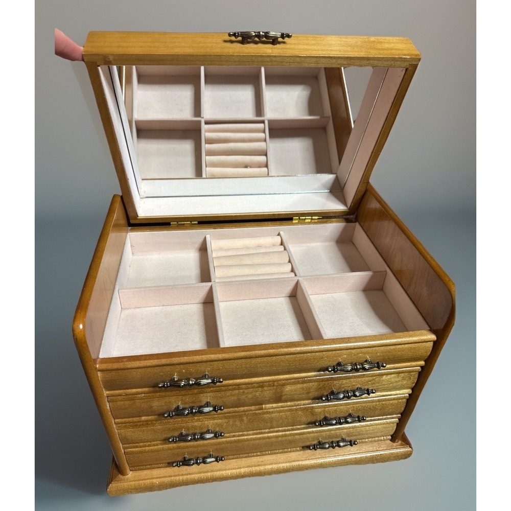 Vintage Wood Jewelry Armoire Chest Box Mirrored Lift  Maple Color